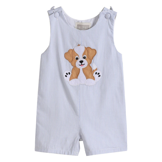 Blue Puppy Appliqué Seersucker Shortalls