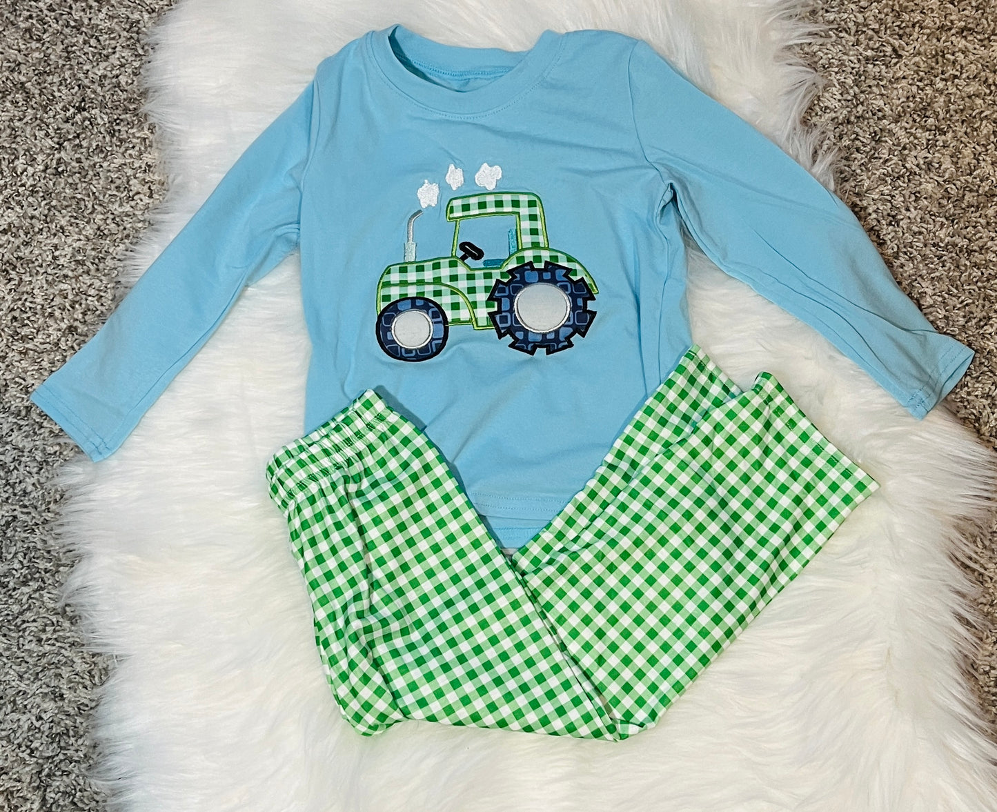 Boys Gingham Tractor Pants Set