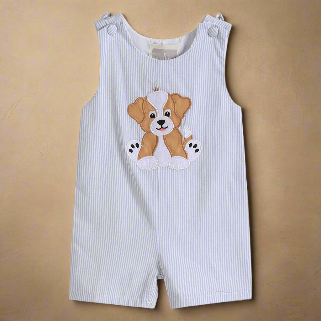 Blue Puppy Appliqué Seersucker Shortalls