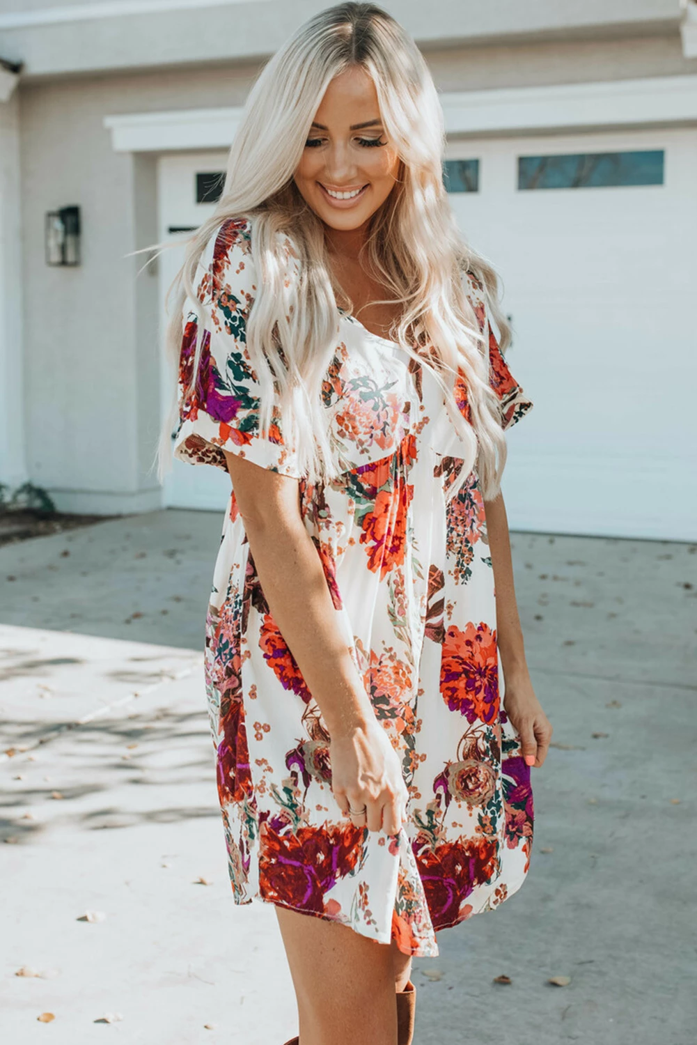 Beige Floral Babydoll Dress