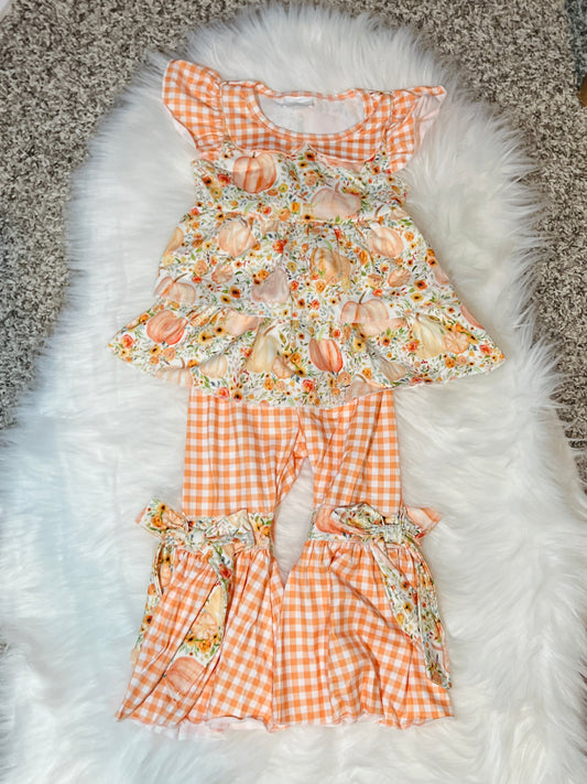 Orange Plaid Pumpkins Girls Bell Set