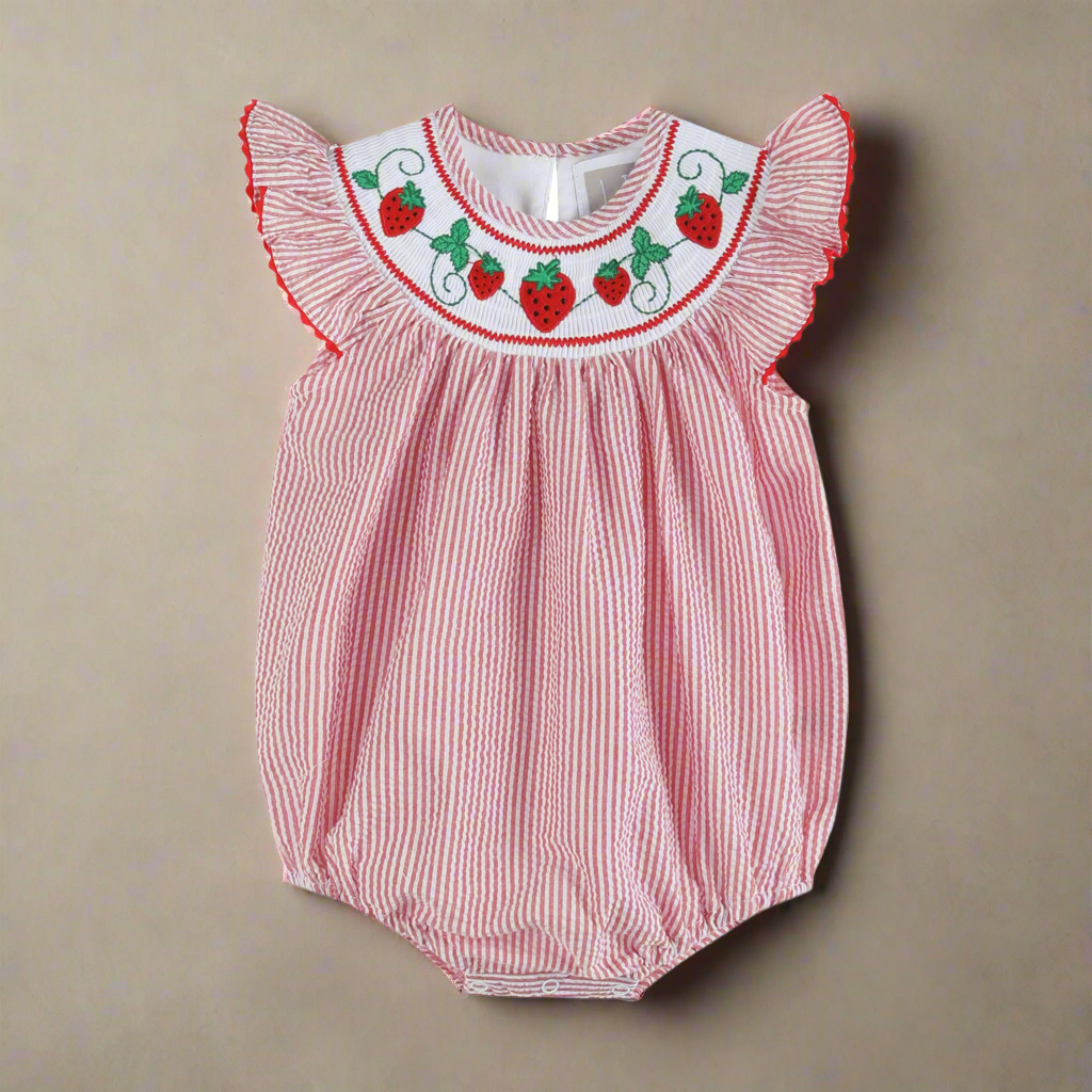 Berry Sweet Strawberry Smocked Baby Romper