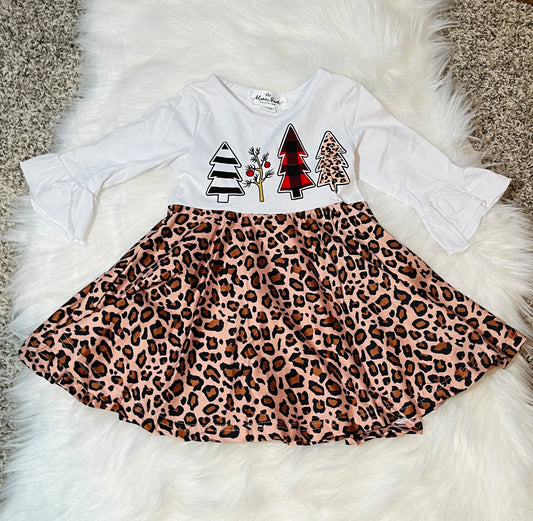 Leopard Christmas Tree Girls Dress