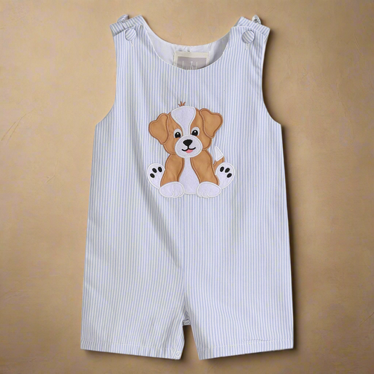 Blue Puppy Appliqué Seersucker Shortalls