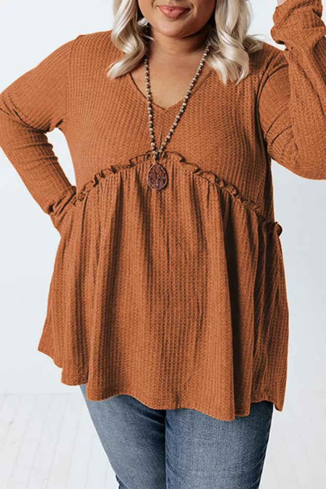 Waffle Knit Ruffled Babydoll Top