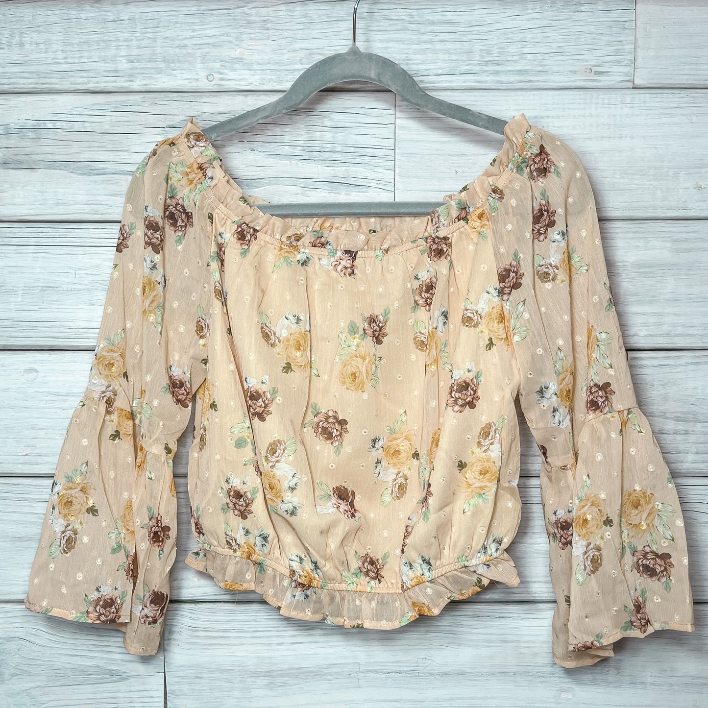 Cropped Yellow Floral Bell Sleeve Blouse