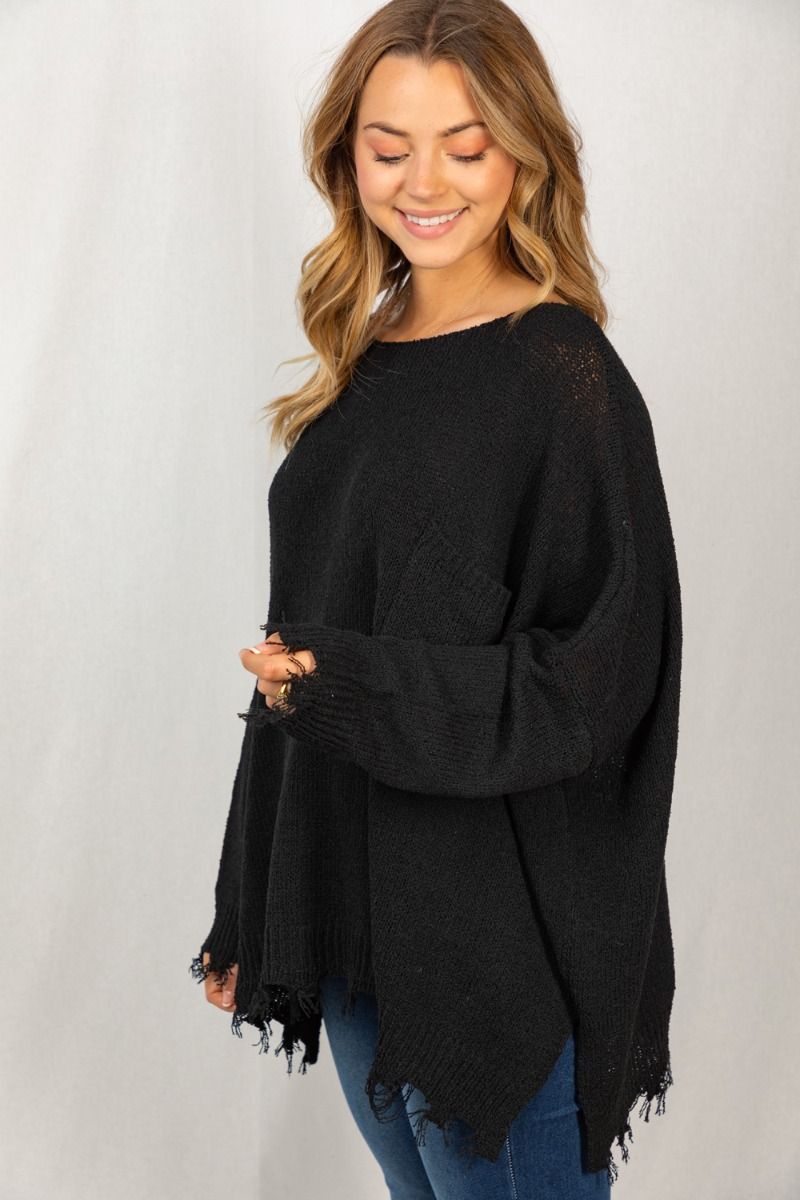 Black Frayed Oversized Sweater