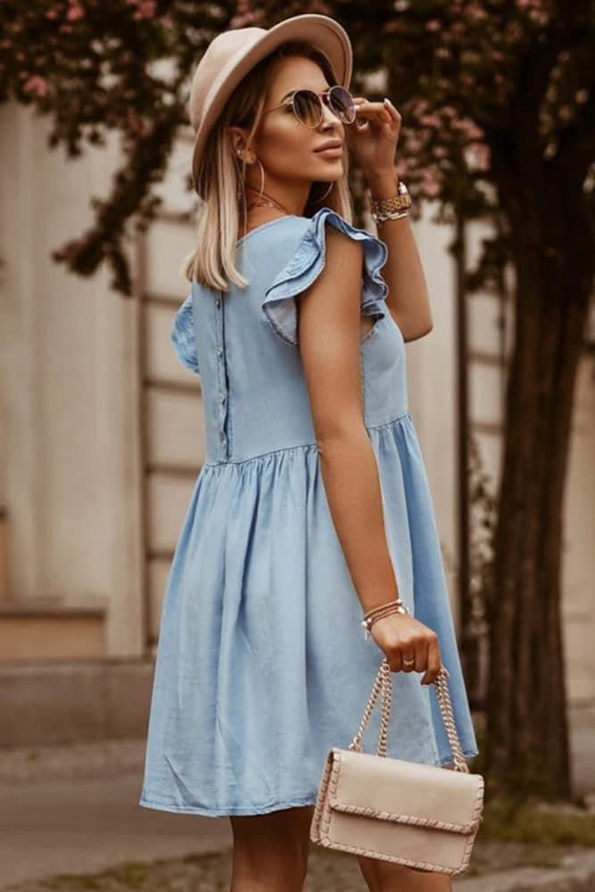 Sky Blue Flutter Sleeve Babydoll Dress