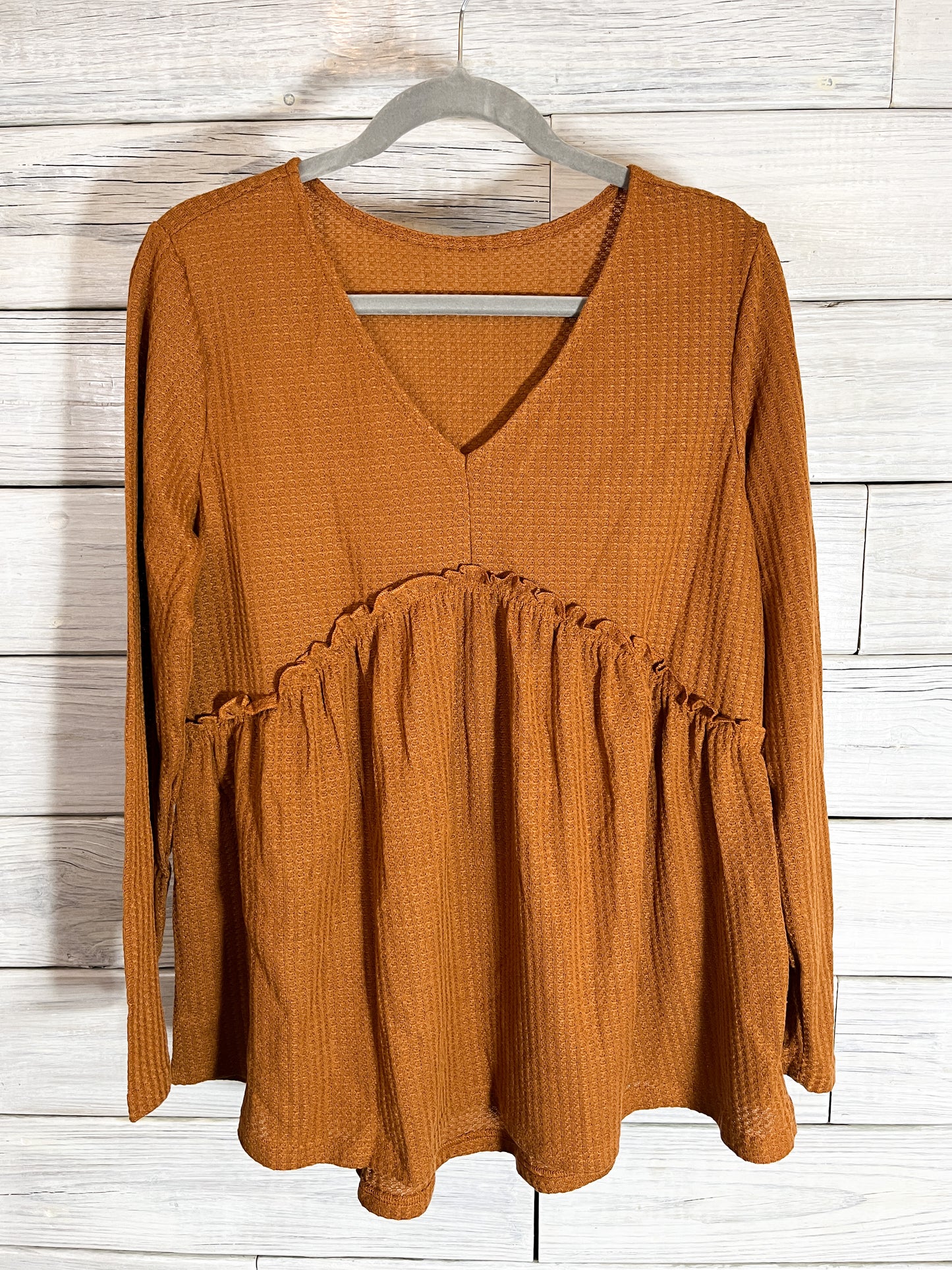 Waffle Knit Ruffled Babydoll Top