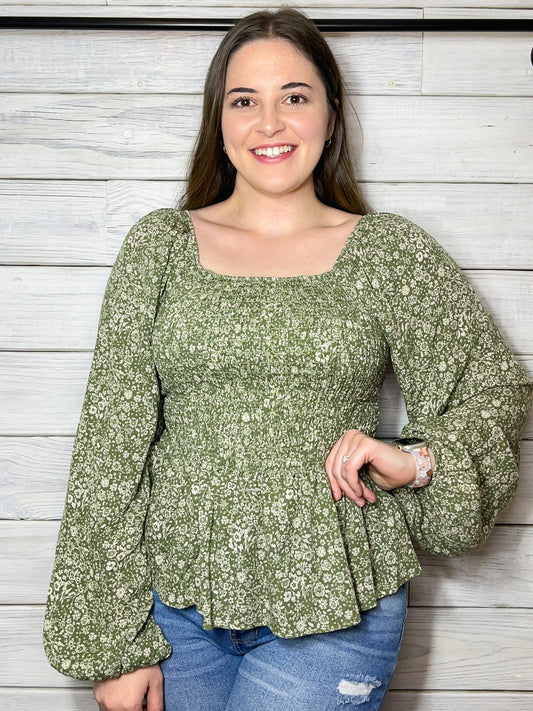 Green Floral Print Blouse