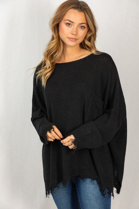 Black Frayed Oversized Sweater