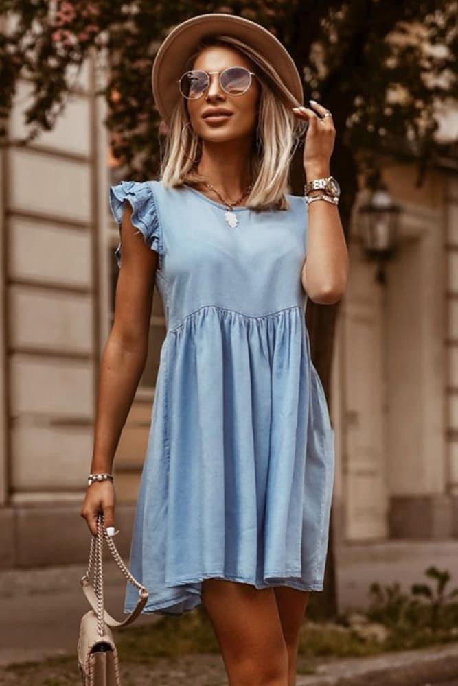 Sky Blue Flutter Sleeve Babydoll Dress