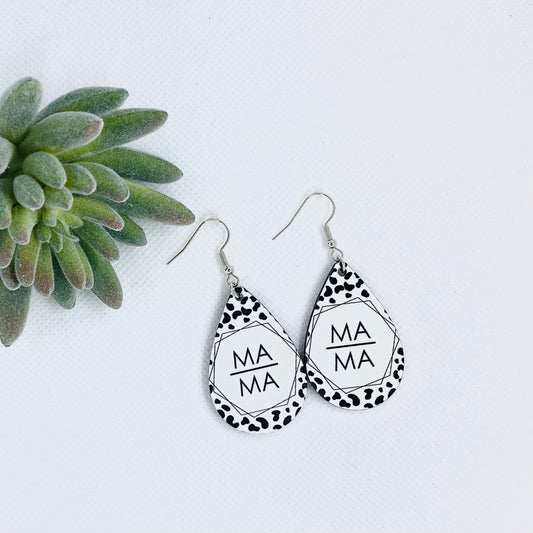 Black Leopard Mama Hexagon Teardrop Earrings