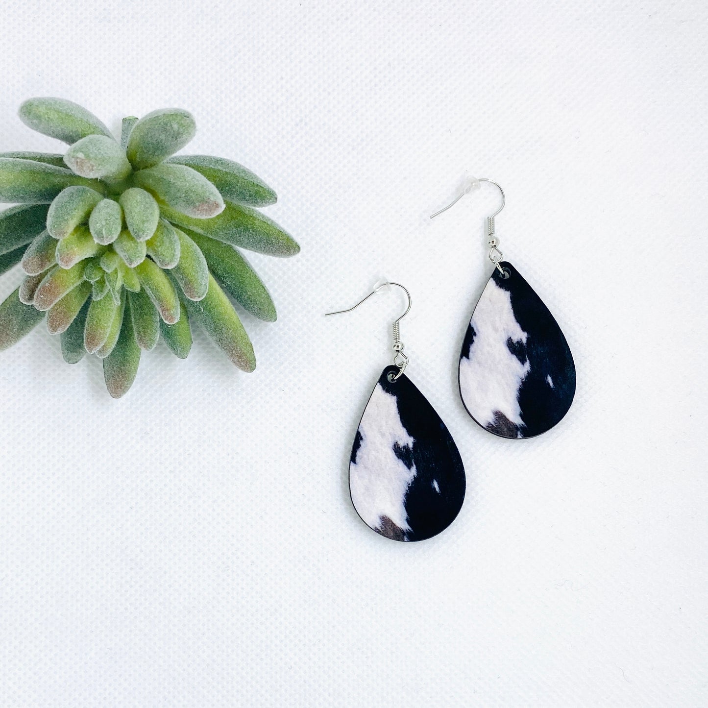 Black Cowhide Teardrop Earrings