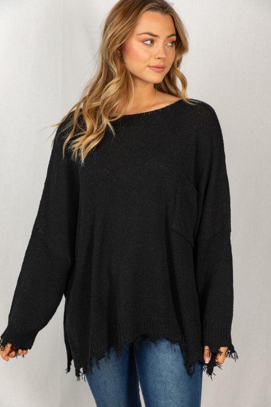 Black Frayed Oversized Sweater