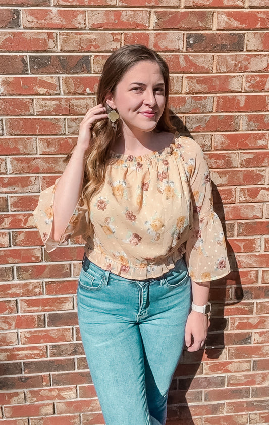 Cropped Yellow Floral Bell Sleeve Blouse