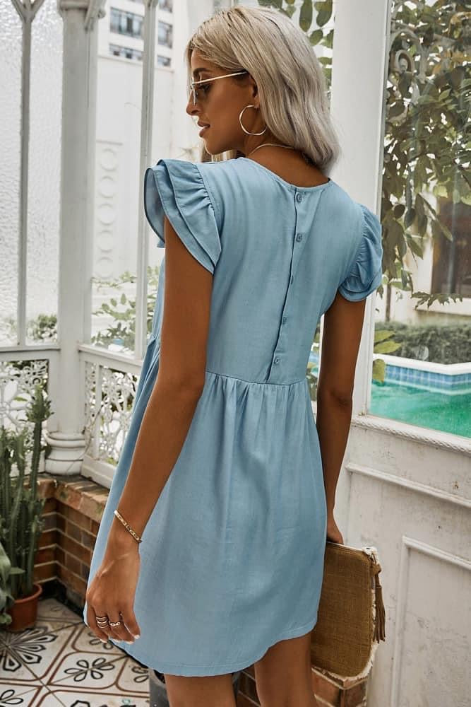 Sky Blue Flutter Sleeve Babydoll Dress