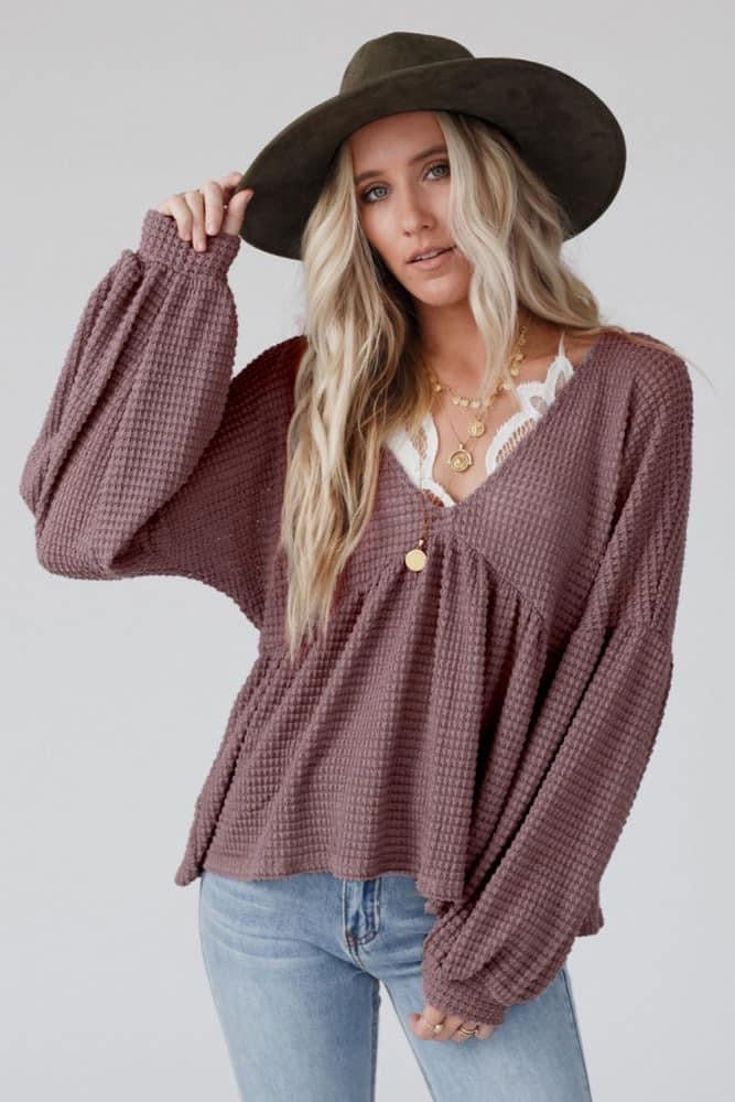 Purple WaffleKnit Babydoll Top