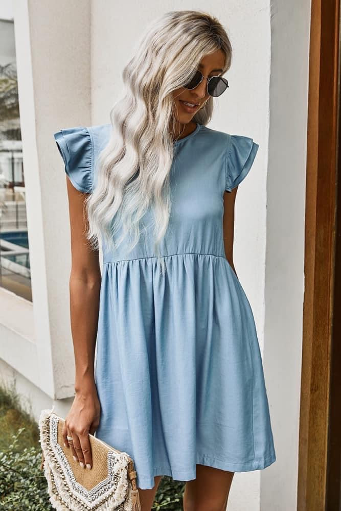 Sky Blue Flutter Sleeve Babydoll Dress